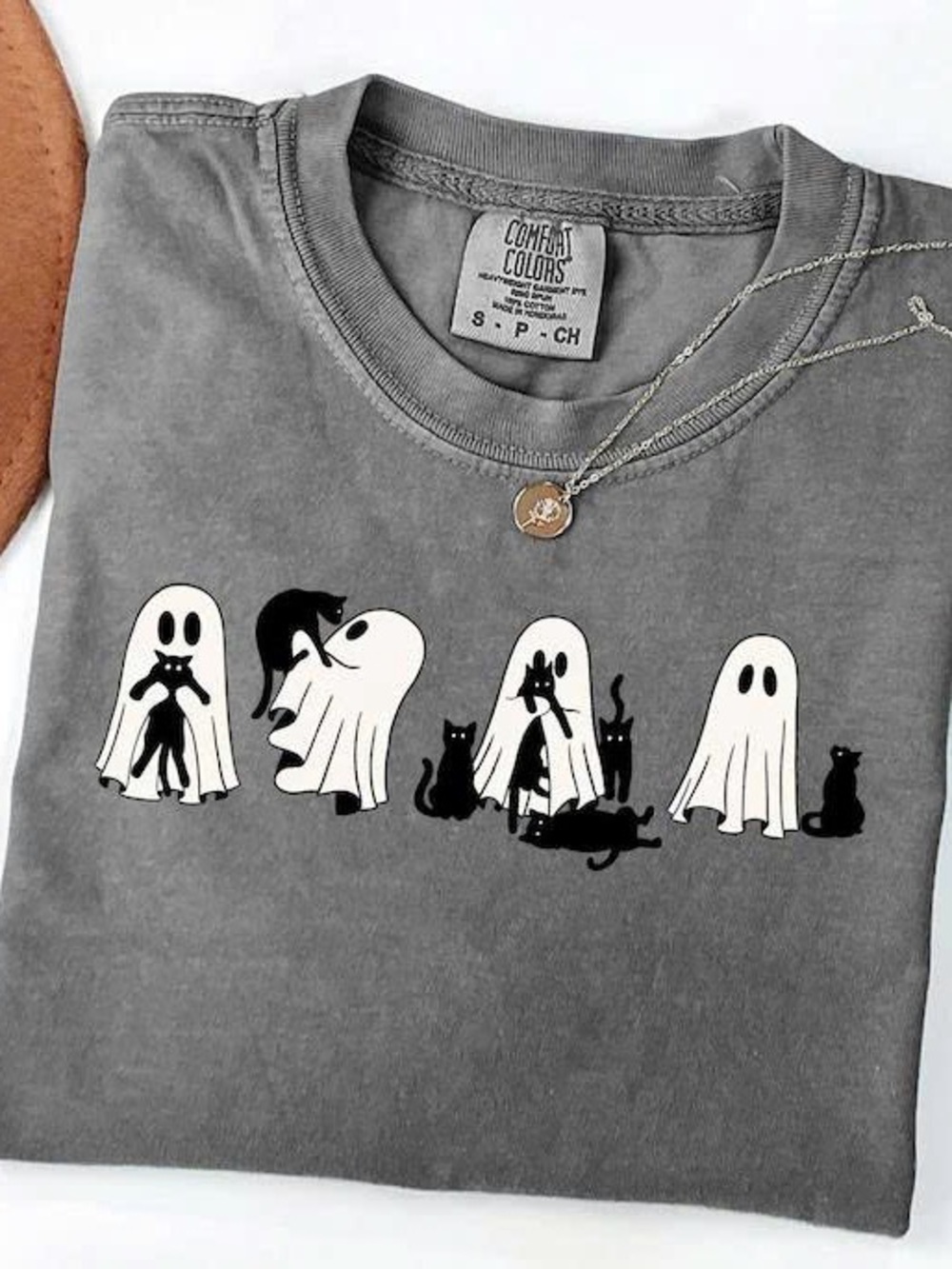 Comfort Colors Gray Tee with Cat Ghosts Graphic